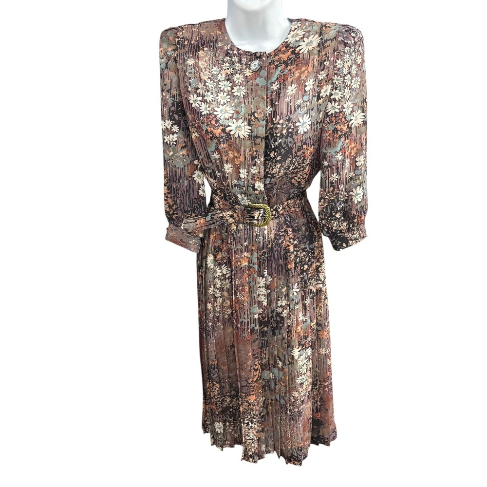 Lady Carol Petites Vintage Floral Print Pleated Dress Belted Size 4 Made in‎ USA